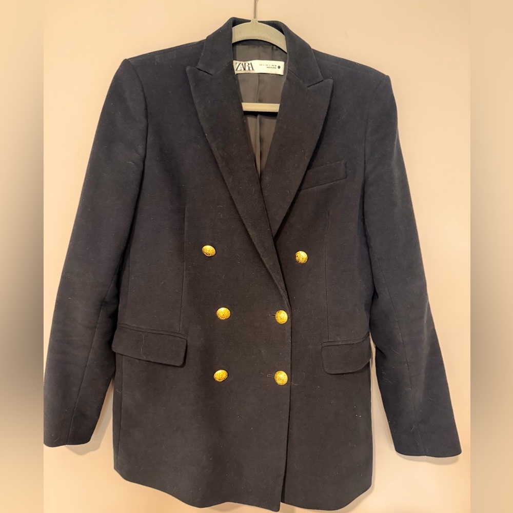 ZARA Dark Blue Velvet Double Breasted Blazer with Gold Buttons – Size S